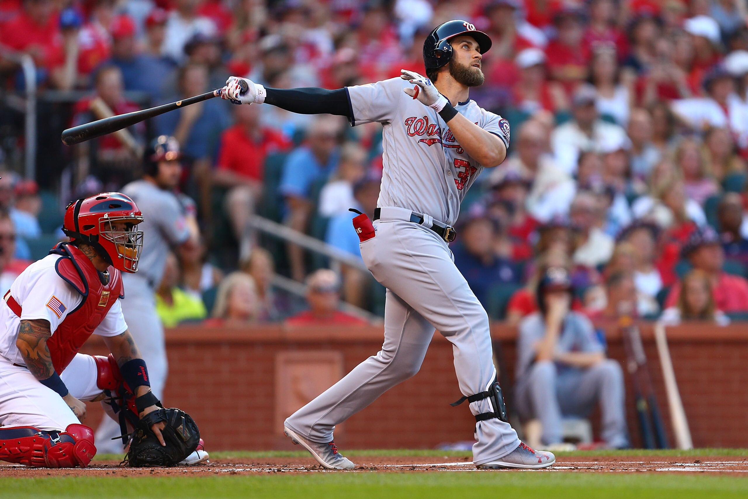 ST. LOUIS, MO - JULY 2: Bryce Harper #34 of the Washington Nationals hits a two-run home run against the St. Louis Cardinals in the first inning at Busch Stadium on July 2, 2017 in St. Louis, Missouri.  (Photo by Dilip Vishwanat/Getty Images)