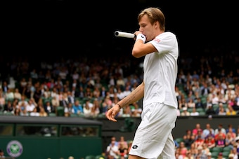 LONDON, ENGLAND - JULY 03: Alexander Bublik of Kazakhstan reacts during the Gentlemen's Singles first round match against Andy Murray of Great Britain on day one of the Wimbledon Lawn Tennis Championships at the All England Lawn Tennis and Croquet Club o LONDON, ENGLAND - JULY 03: Alexander Bublik of Kazakhstan reacts during the Gentlemen's Singles first round match against Andy Murray of Great Britain on day one of the Wimbledon Lawn Tennis Championships at the All England Lawn Tennis and Croquet Club o