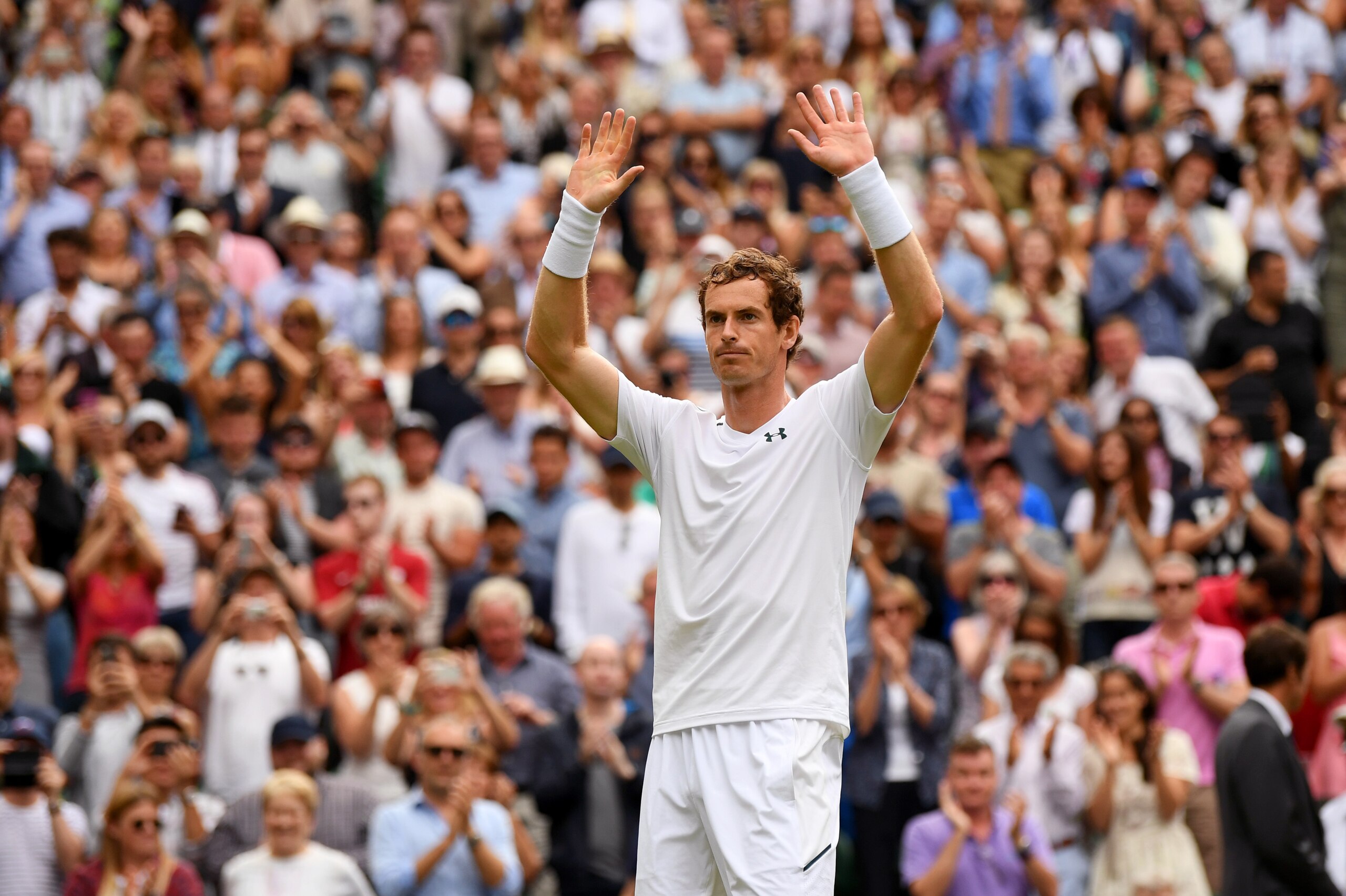 LONDON, ENGLAND - JULY 03: Andy Murray of Great Britain acknowledges the crowd as he celebrates victory after the Gentlemen's Singles first round match against Alexander Bublik of Kazakhstan on day one of the Wimbledon Lawn Tennis Championships at the Al LONDON, ENGLAND - JULY 03: Andy Murray of Great Britain acknowledges the crowd as he celebrates victory after the Gentlemen's Singles first round match against Alexander Bublik of Kazakhstan on day one of the Wimbledon Lawn Tennis Championships at the Al