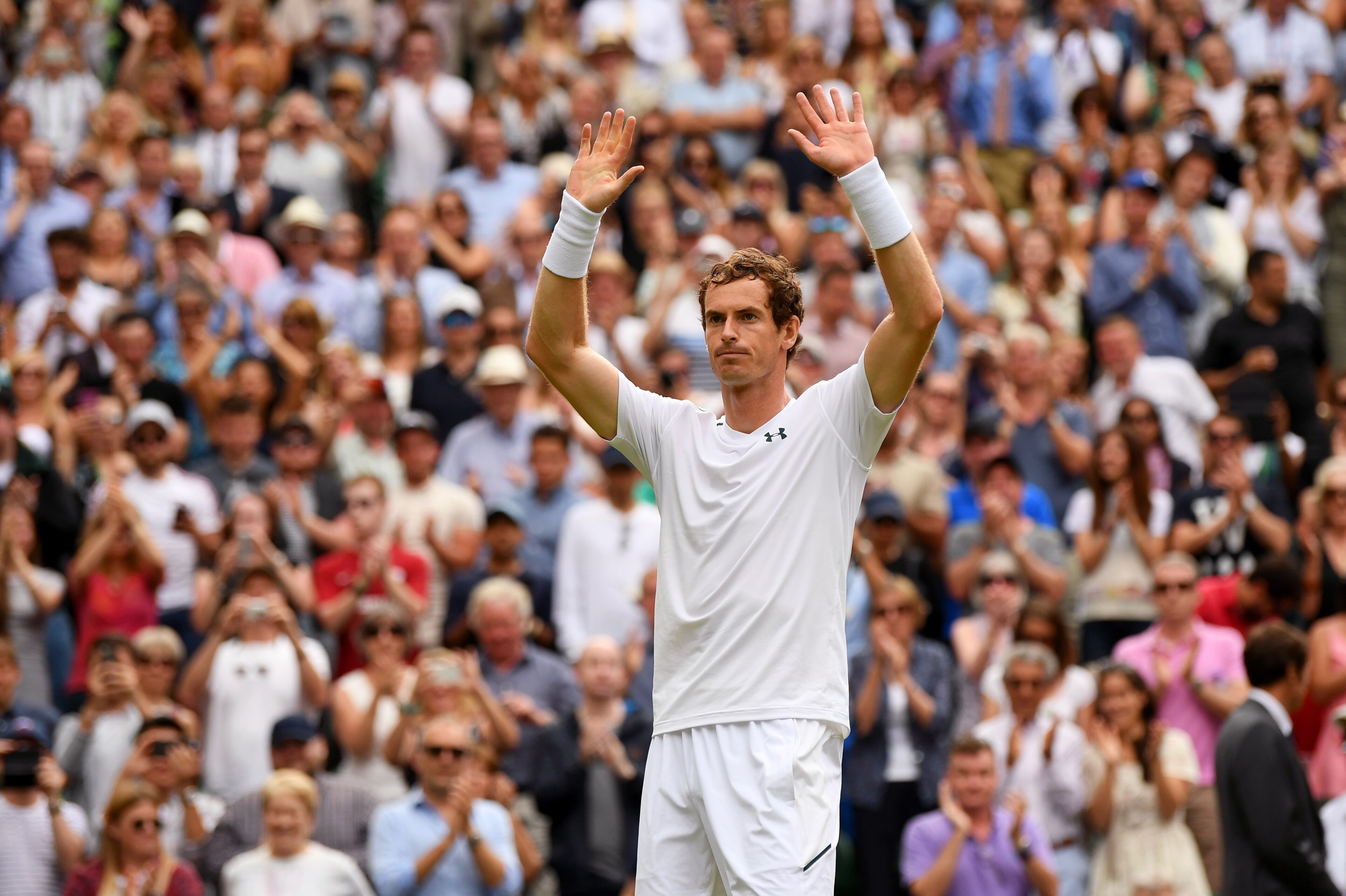 LONDON, ENGLAND - JULY 03: Andy Murray of Great Britain acknowledges the crowd as he celebrates victory after the Gentlemen's Singles first round match against Alexander Bublik of Kazakhstan on day one of the Wimbledon Lawn Tennis Championships at the Al LONDON, ENGLAND - JULY 03: Andy Murray of Great Britain acknowledges the crowd as he celebrates victory after the Gentlemen's Singles first round match against Alexander Bublik of Kazakhstan on day one of the Wimbledon Lawn Tennis Championships at the Al