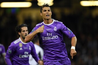 CARDIFF, WALES - JUNE 03: Cristiano Ronaldo of Real Madrid celebrates scoring the opening goal during the UEFA Champions League final match between Juventus and Real Madrid at National Stadium of Wales on June 3, 2017 in Cardiff, Wales. (Photo by Etsuo Ha