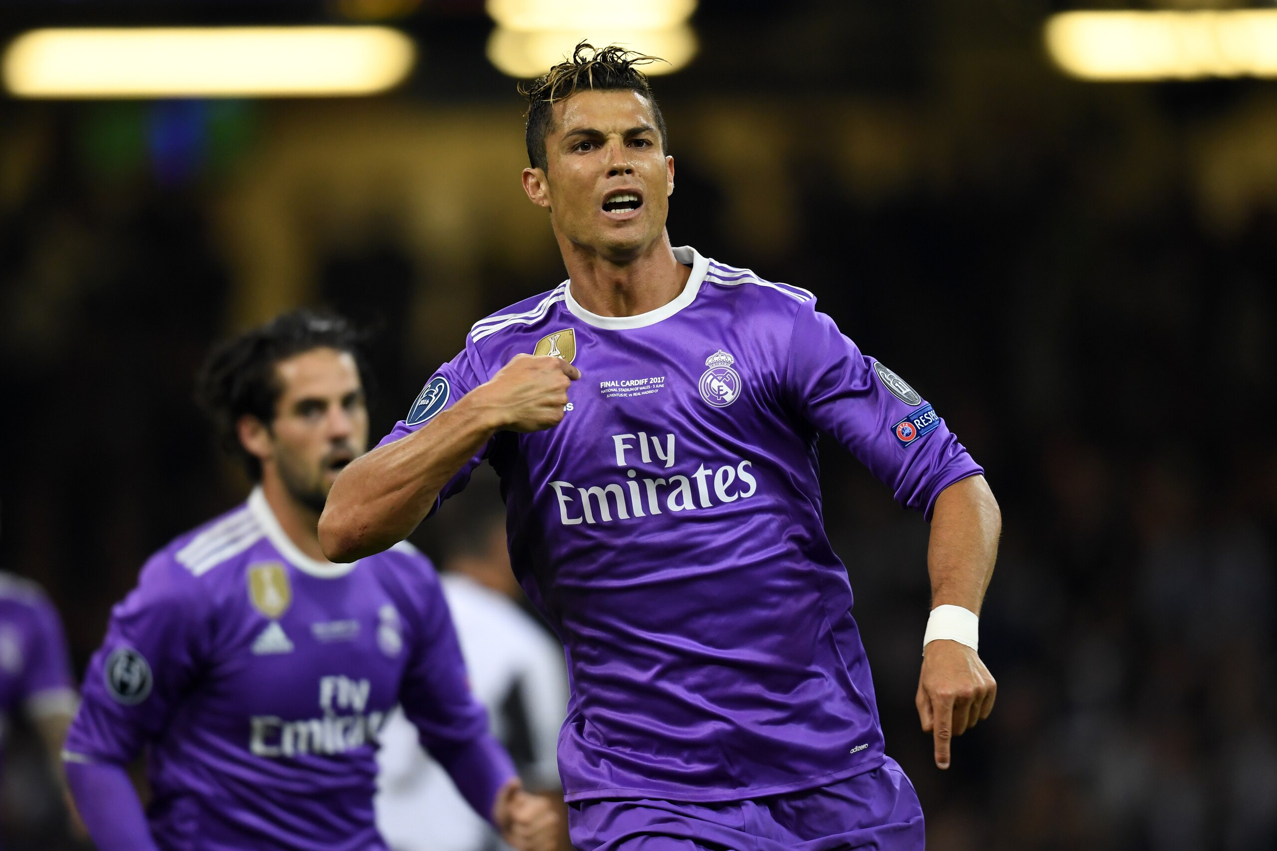 CARDIFF, WALES - JUNE 03: Cristiano Ronaldo of Real Madrid celebrates scoring the opening goal during the UEFA Champions League final match between Juventus and Real Madrid at National Stadium of Wales on June 3, 2017 in Cardiff, Wales. (Photo by Etsuo Ha