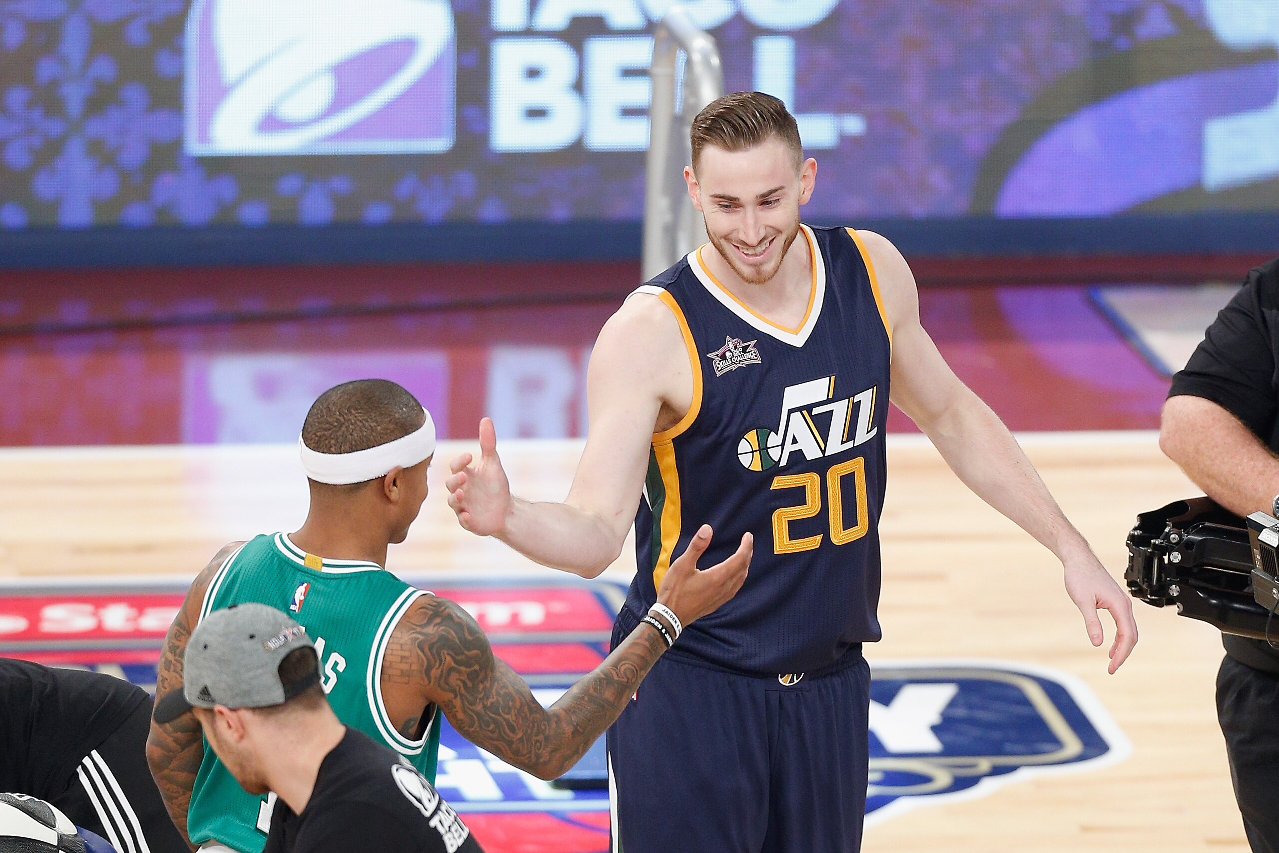 NEW ORLEANS, LA - FEBRUARY 18:  Gordon Hayward #20 of the Utah Jazz reacts with Isaiah Thomas #4 of the Boston Celtics during the 2017 Taco Bell Skills Challenge at Smoothie King Center on February 18, 2017 in New Orleans, Louisiana. NOTE TO USER: User ex