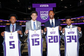 SACRAMENTO, CA - JUNE 24: The Sacramento Kings 2017 Draft Picks De'Aaron Fox, Justin Jackson, Harry Giles, and Frank Mason III pose for a photo June 24, 2017 at the Golden 1 Center in Sacramento, California. NOTE TO USER: User expressly acknowledges and a