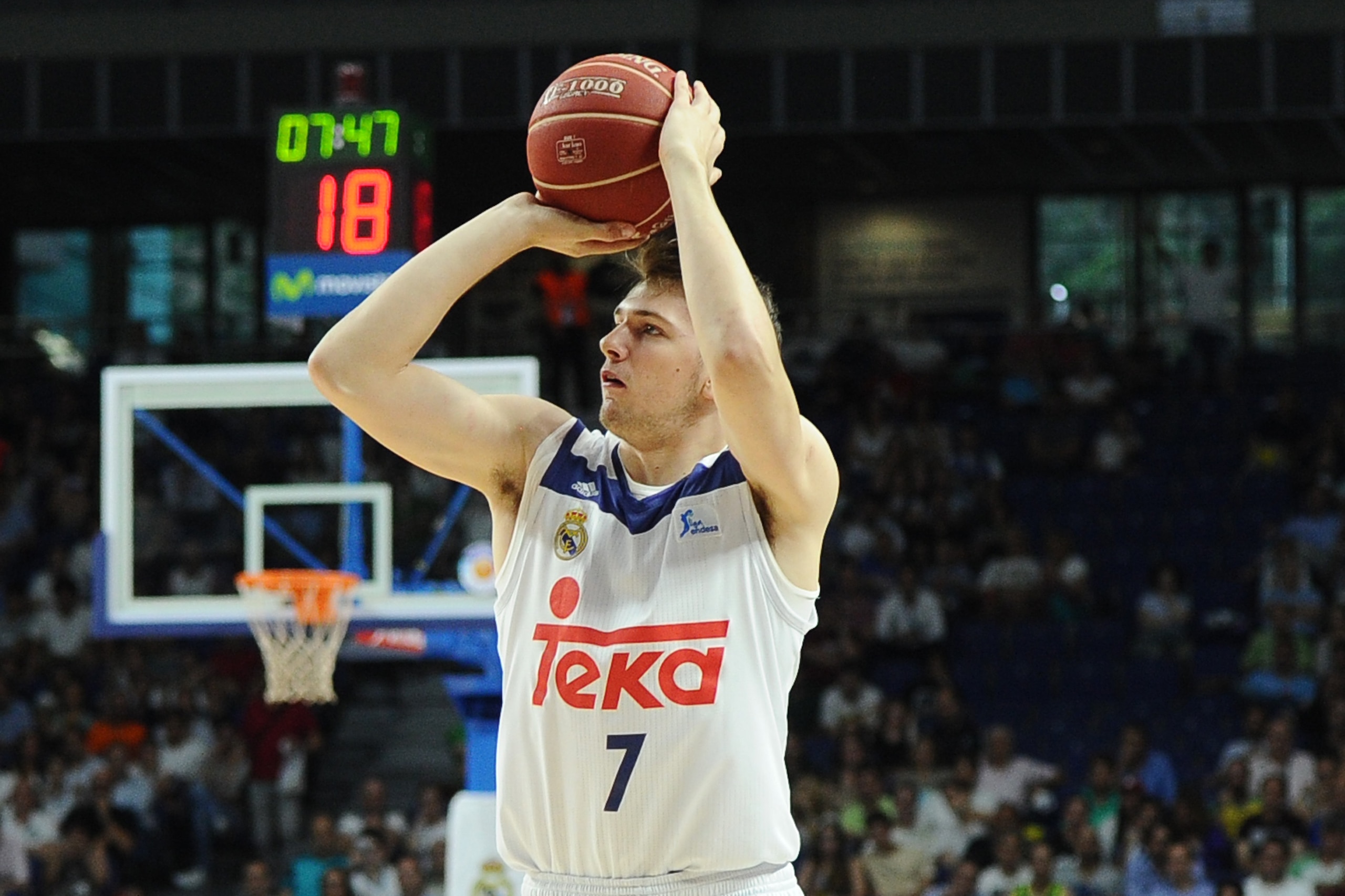 MADRID, SPAIN - MAY 31: Luka Doncic, #7 guard of Real Madrid during the Liga Endesa Semi Final game between Real Madrid and Unicaja Malaga at Barclaycard Center on May 31, 2017 in Madrid, Spain. (Photo by Sonia Canada/Getty Images) MADRID, SPAIN - MAY 31: Luka Doncic, #7 guard of Real Madrid during the Liga Endesa Semi Final game between Real Madrid and Unicaja Malaga at Barclaycard Center on May 31, 2017 in Madrid, Spain. (Photo by Sonia Canada/Getty Images)