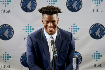 BLOOMINGTON, MN - JUNE 29: Tom Thibobeau introduces Jimmy Butler of the Minnesota Timberwolves to the public during a press conference at the Mall of America on June 29, 2017 in Bloomington, Minnesota. NOTE TO USER:  User expressly acknowledges and agrees