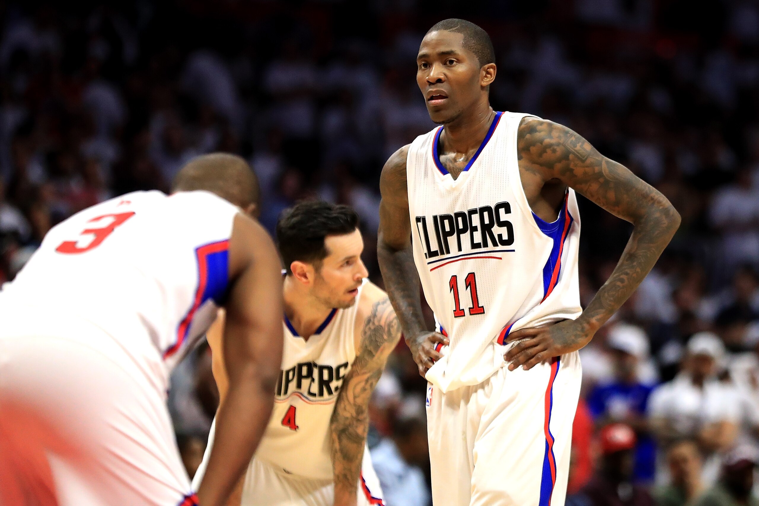 LOS ANGELES, CA - APRIL 30: Jamal Crawford #11, JJ Redick #4 and Chris Paul #3 of the Los Angeles Clippers look on during the second half of Game Seven of the Western Conference Quarterfinals against the Utah Jazz at Staples Center at Staples Center on LOS ANGELES, CA - APRIL 30: Jamal Crawford #11, JJ Redick #4 and Chris Paul #3 of the Los Angeles Clippers look on during the second half of Game Seven of the Western Conference Quarterfinals against the Utah Jazz at Staples Center at Staples Center on