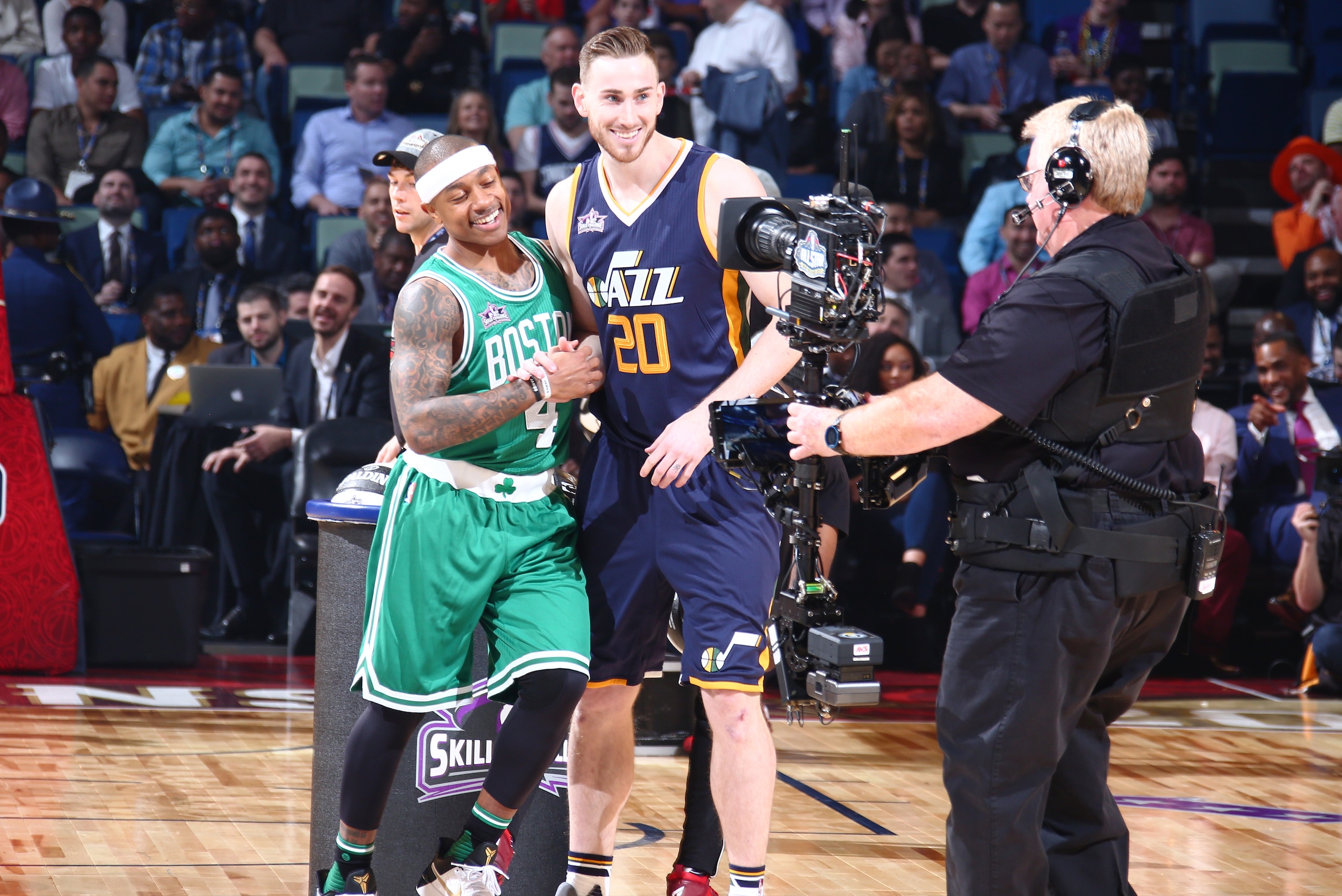 NEW ORLEANS, LA - FEBRUARY 18: Isaiah Thomas #4 of the Boston Celtics and Gordon Hayward #20 of the Utah Jazz react during the Taco Bell Skills Challenge during State Farm All-Star Saturday Night as part of the 2017 NBA All-Star Weekend on February 18, 20
