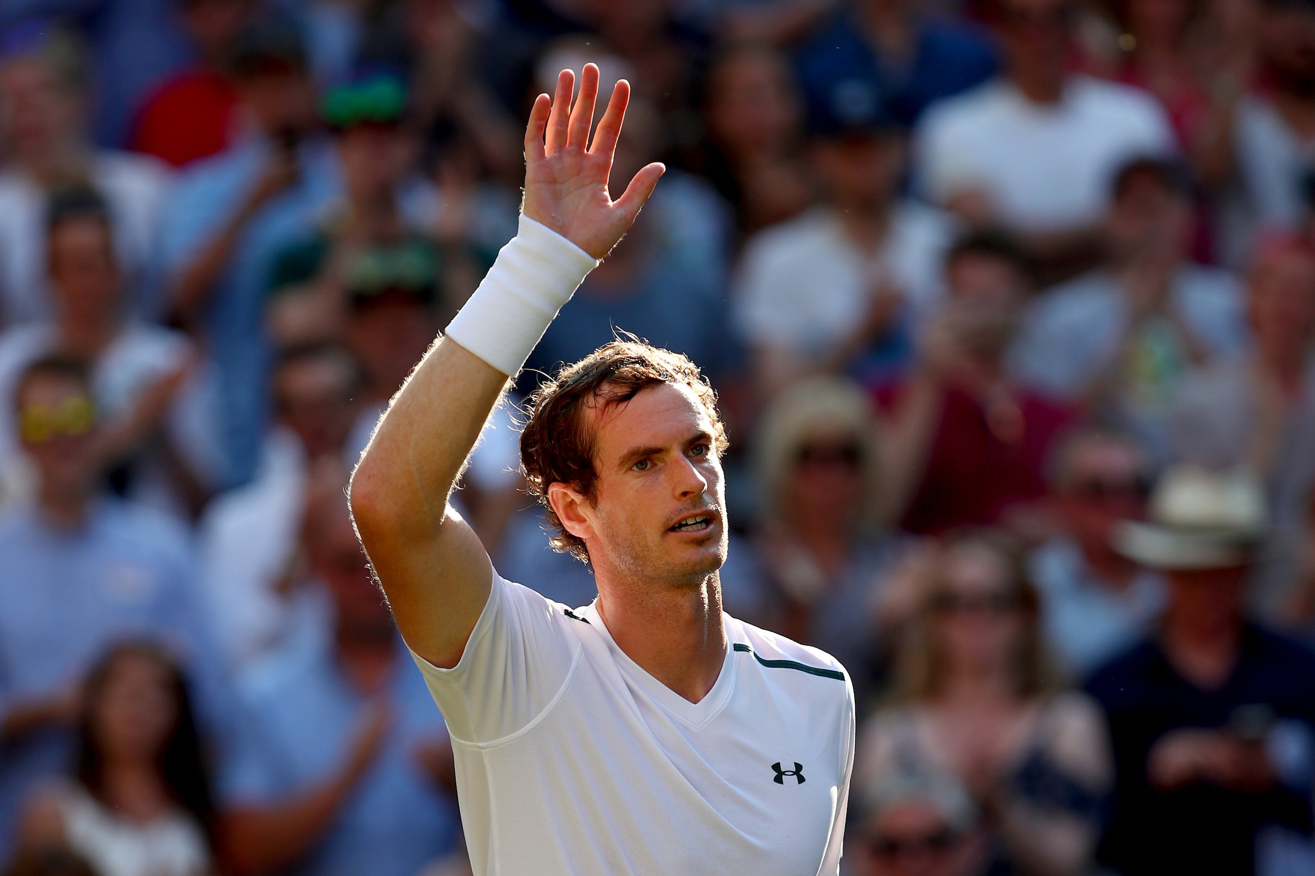 LONDON, ENGLAND - JULY 05:  Andy Murray of Great acknowledges the crowd as he celebrates victory after his Gentlemen's Singles second round match against Dustin Brown of Germany on day three of the Wimbledon Lawn Tennis Championships at the All England La