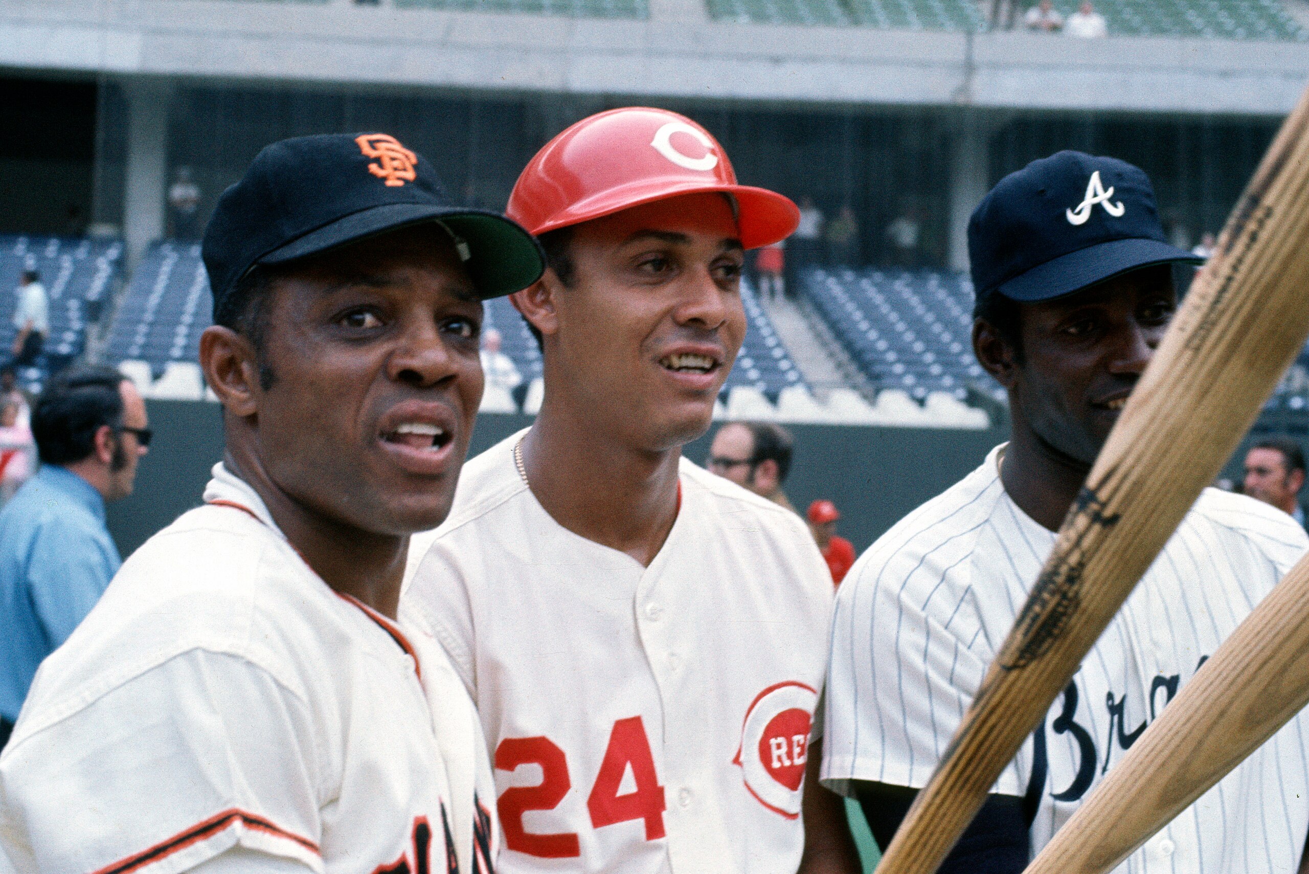 CINCINNATI, OH - JULY 14: (L-R) Willie Mays #24 of the San Francisco Giants, Tony Perez #24 of the Cincinnati Reds and Rico Carty #25 of the Atlanta Braves all of the National League AllStars seen together in this portrait during batting practice prior to CINCINNATI, OH - JULY 14: (L-R) Willie Mays #24 of the San Francisco Giants, Tony Perez #24 of the Cincinnati Reds and Rico Carty #25 of the Atlanta Braves all of the National League AllStars seen together in this portrait during batting practice prior to