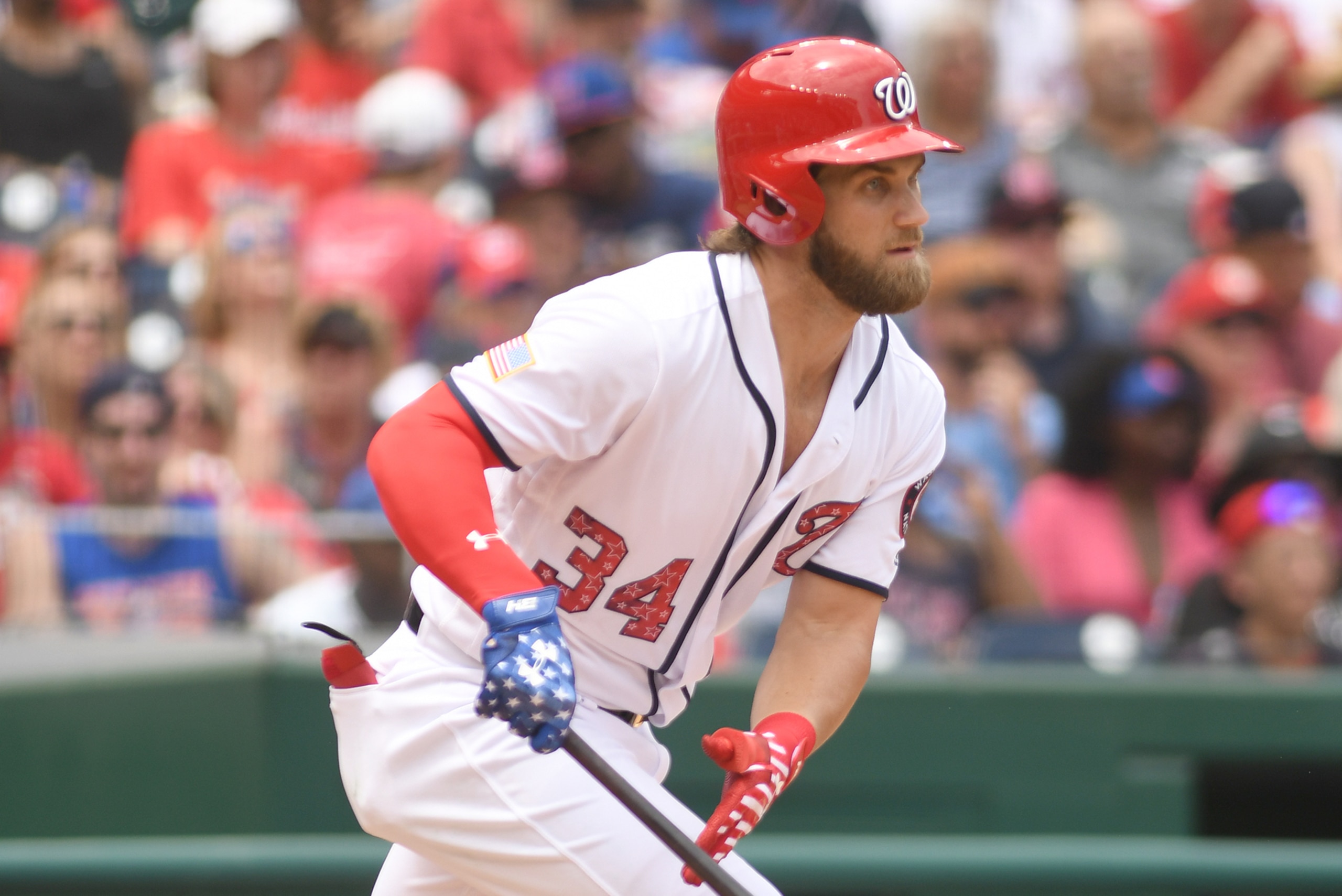 WASHINGTON, DC - JULY 04: Bryce Harper #34 of the Washington Nationals singles in the fifth inning during a baseball game against the New York Mets at Nationals Park on July 4, 2017 in Washington, DC. (Photo by Mitchell Layton/Getty Images) WASHINGTON, DC - JULY 04: Bryce Harper #34 of the Washington Nationals singles in the fifth inning during a baseball game against the New York Mets at Nationals Park on July 4, 2017 in Washington, DC. (Photo by Mitchell Layton/Getty Images)