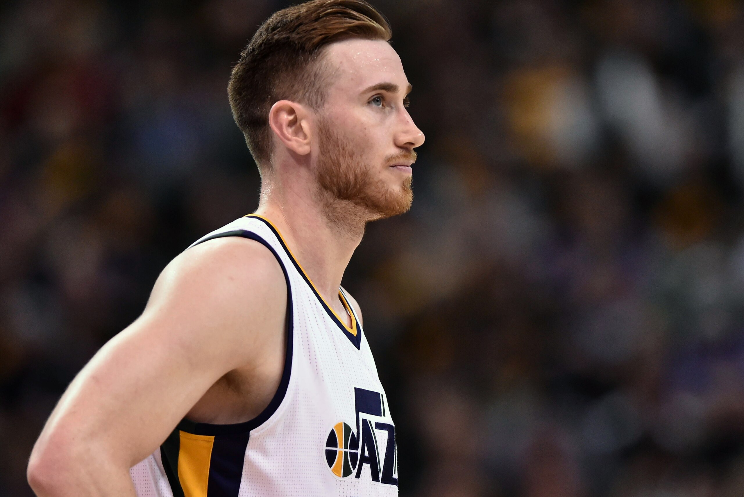 SALT LAKE CITY, UT - MAY 6: Gordon Hayward #20 of the Utah Jazz looks on against the Golden State Warriors in Game Three of the Western Conference Semifinals during the 2017 NBA Playoffs at Vivint Smart Home Arena on May 6, 2017 in Salt Lake City, Utah. N