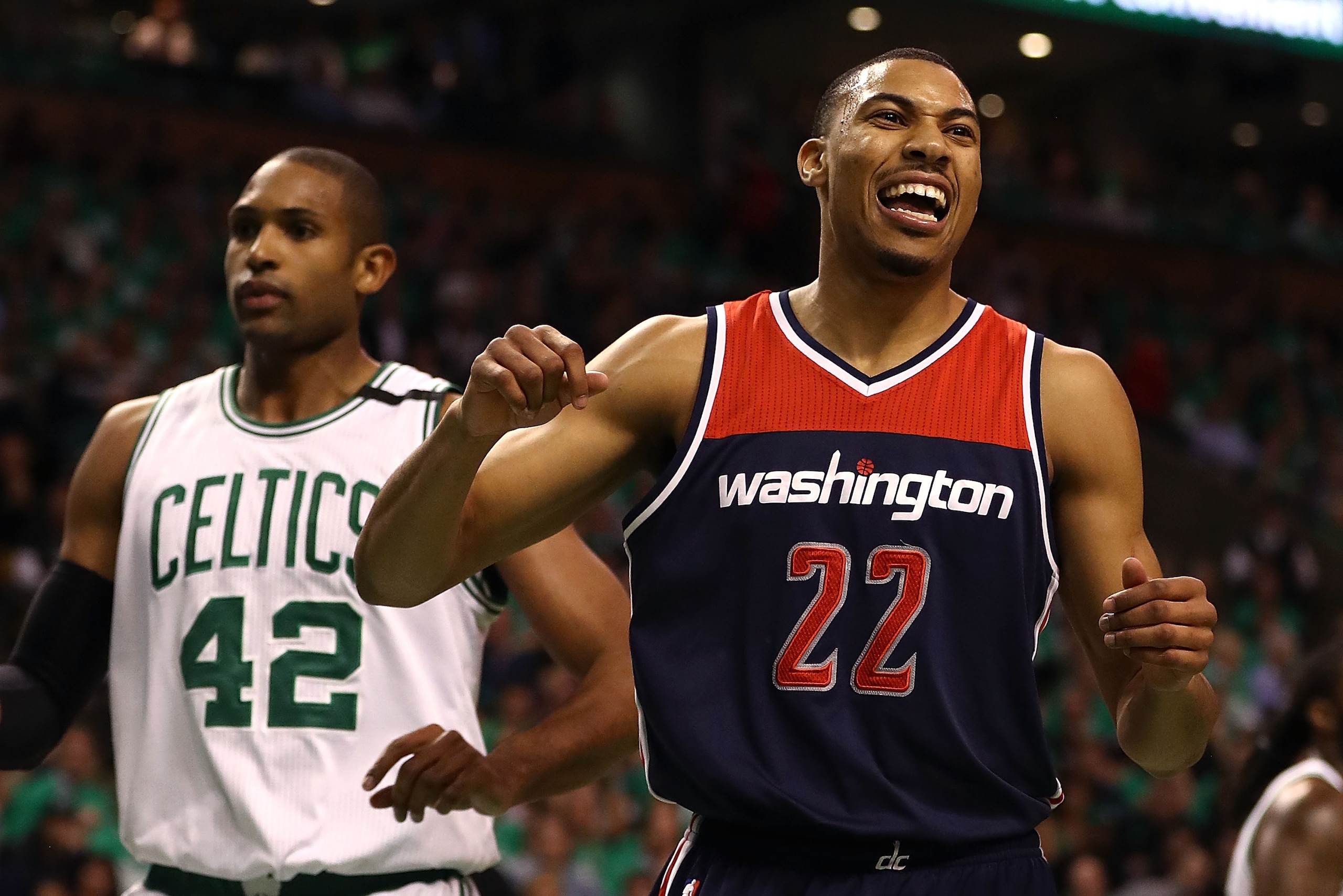 BOSTON, MA - MAY 15:  Otto Porter Jr. #22 of the Washington Wizards reacts after a basket against Al Horford #42 of the Boston Celtics during Game Seven of the NBA Eastern Conference Semi-Finals at TD Garden on May 15, 2017 in Boston, Massachusetts.  NOTE