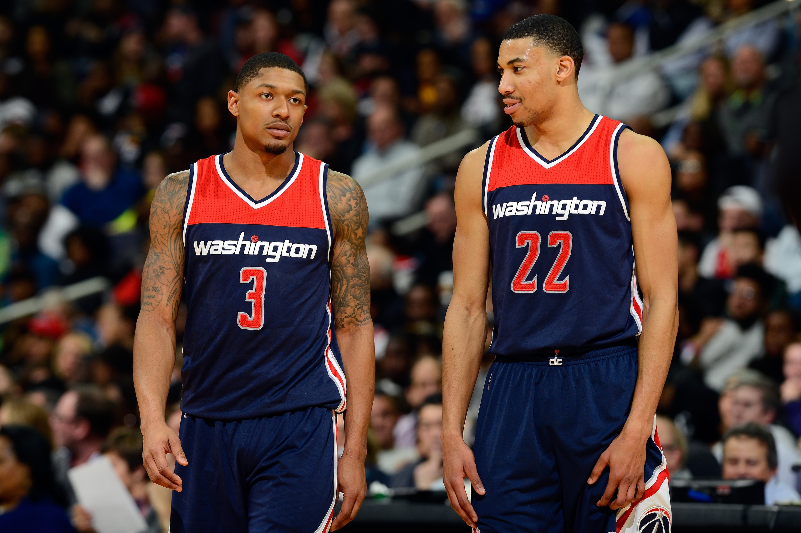 WASHINGTON, DC - FEBRUARY 06: Bradley Beal #3 and Otto Porter Jr. #22 of the Washington Wizards talk during the game against the Cleveland Cavaliers at Verizon Center on February 6, 2017 in Washington, DC.Ê NOTE TO USER: User expressly acknowledges and ag
