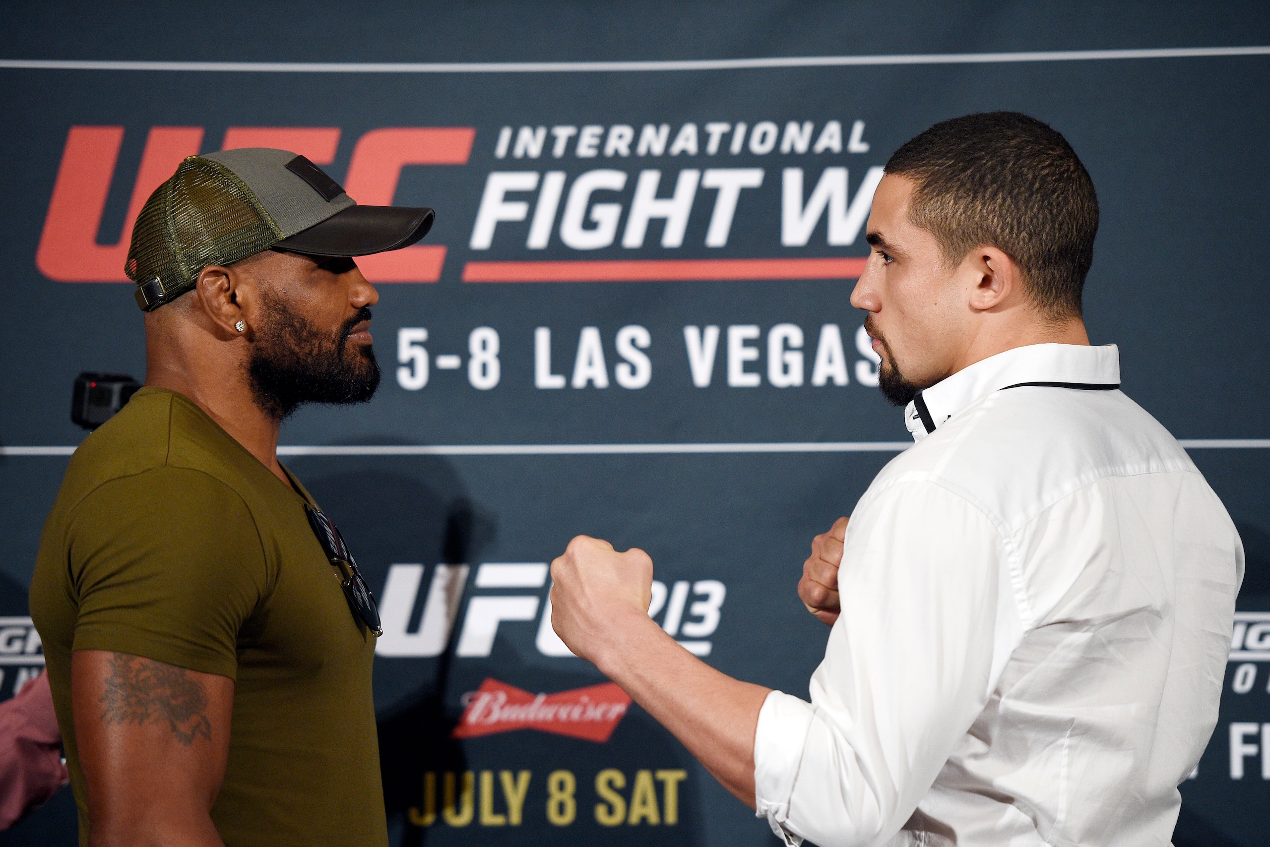 LOS ANGELES, CA - JUNE 29:Yoel Romero (L) and Robert Whittaker face off during the UFC International Fight Week Media Day June 29, 2017, in Los Angeles, California. (Photo by Kevork Djansezian/Zuffa LLC via Getty Images)
