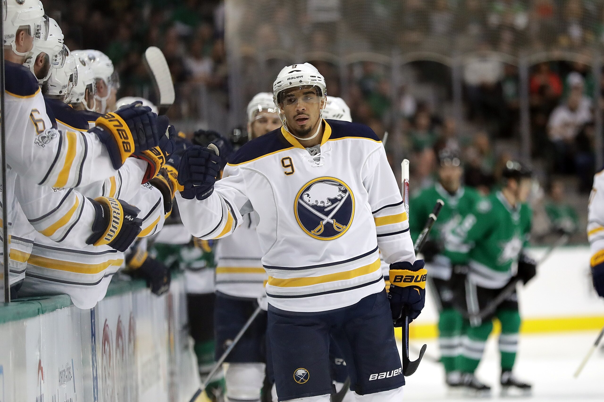 DALLAS, TX - JANUARY 26:  Evander Kane #9 of the Buffalo Sabres celebrates a goal against the Dallas Stars in the first period at American Airlines Center on January 26, 2017 in Dallas, Texas.  (Photo by Ronald Martinez/Getty Images)