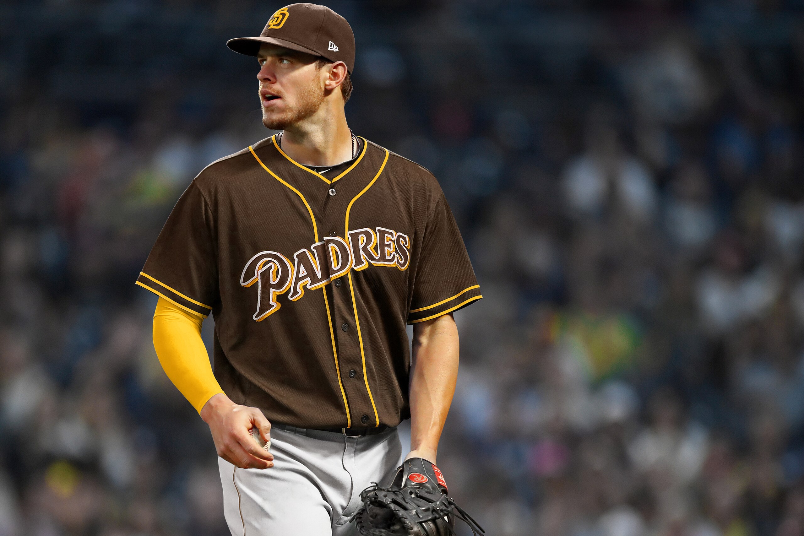Wil Myers in a redesigned Padres uniform that brings back the brown and gold that made them unique in previous decades. Wil Myers in a redesigned Padres uniform that brings back the brown and gold that made them unique in previous decades.