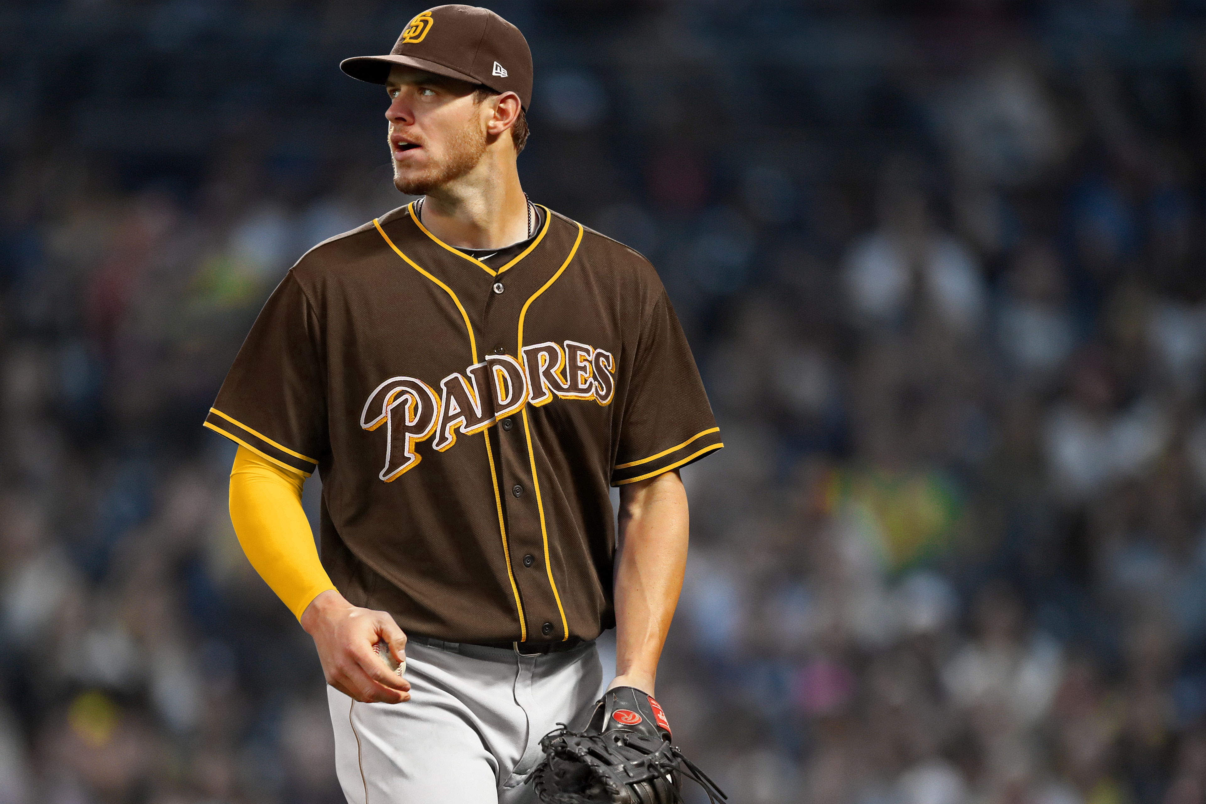 Wil Myers in a redesigned Padres uniform that brings back the brown and gold that made them unique in previous decades.