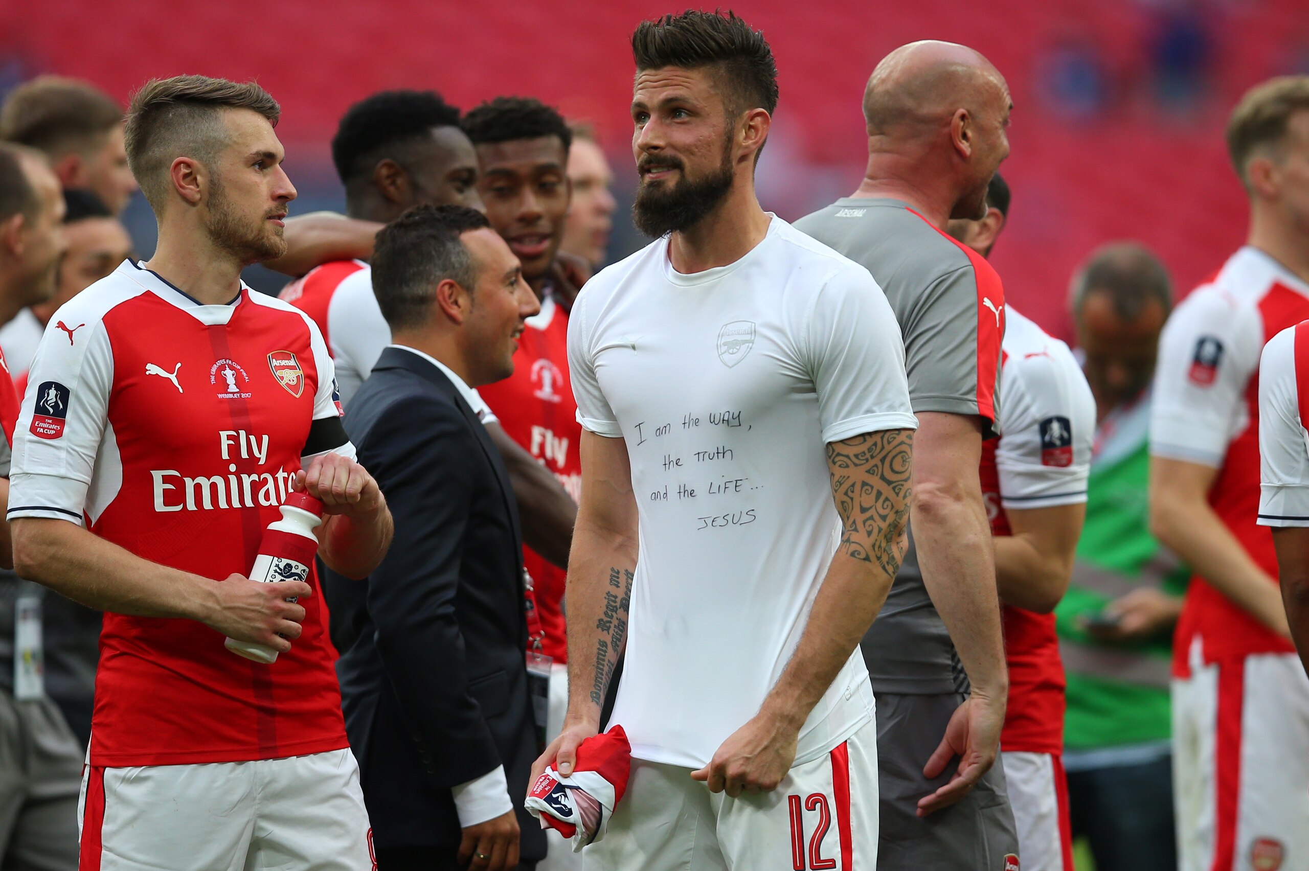 LONDON, ENGLAND - MAY 27: Olivier Giroud of Arsenal with a religious message on his shirt during the Emirates FA Cup Final match between Arsenal and Chelsea at Wembley Stadium on May 27, 2017 in London, England. (Photo by Catherine Ivill - AMA/Getty Image