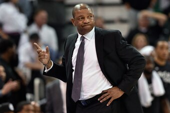 SALT LAKE CITY, UT - APRIL 21: Head coach Doc Rivers of the Los Angeles Clippers reacts to a call in the second half against the Utah Jazz in Game Three of the Western Conference Quarterfinals during the 2017 NBA Playoffs at Vivint Smart Home Arena on Apr