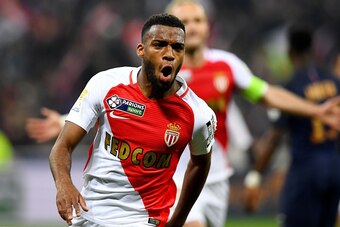 Monaco's French midfielder Thomas Lemar celebrates after scoring a goal  during the French League Cup final football match between Paris Saint-Germain (PSG) and Monaco (ASM) on April 1, 2017, at the Parc Olympique Lyonnais stadium in Decines-Charpieu, nea