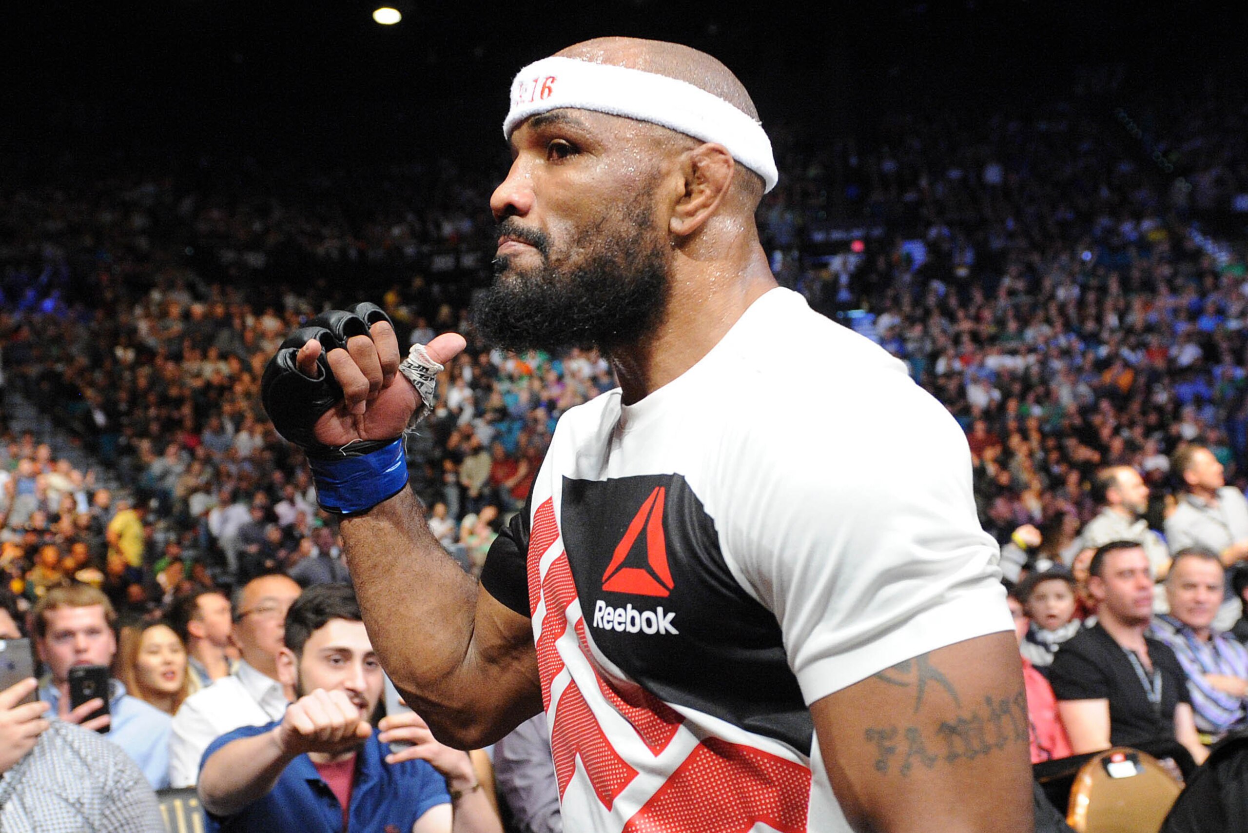 December 12, 2015; Las Vegas, NV, USA; Yoel Romero celebrates his victory against Ronaldo Souza during UFC 194 at MGM Grand Garden Arena. Mandatory Credit: Gary A. Vasquez-USA TODAY Sports
