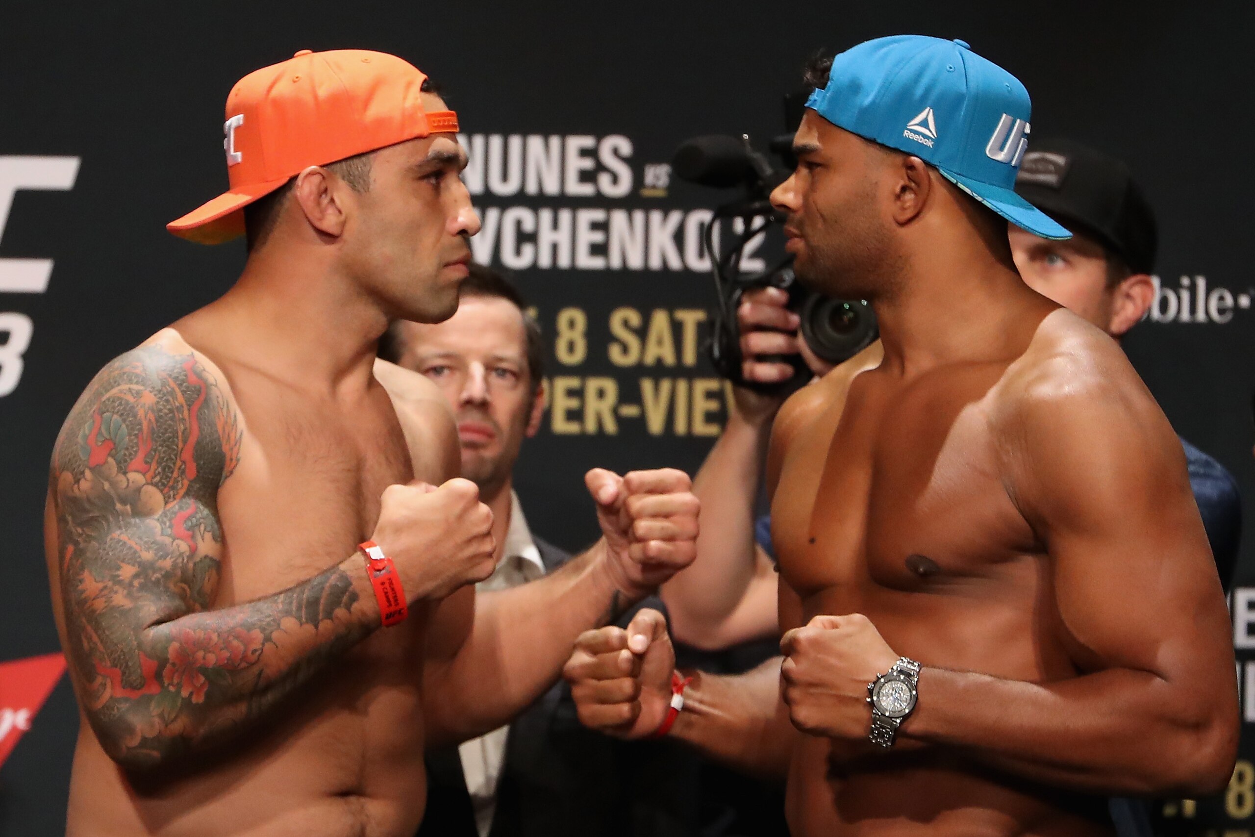 LAS VEGAS, NV - JULY 07:  (L-R) Opponents Fabricio Werdum of Brazil and Alistair Overeem of the Netherlands face off during the UFC weigh-in at the Park Theater on July 7, 2017 in Las Vegas, Nevada.  (Photo by Christian Petersen/Getty Images)