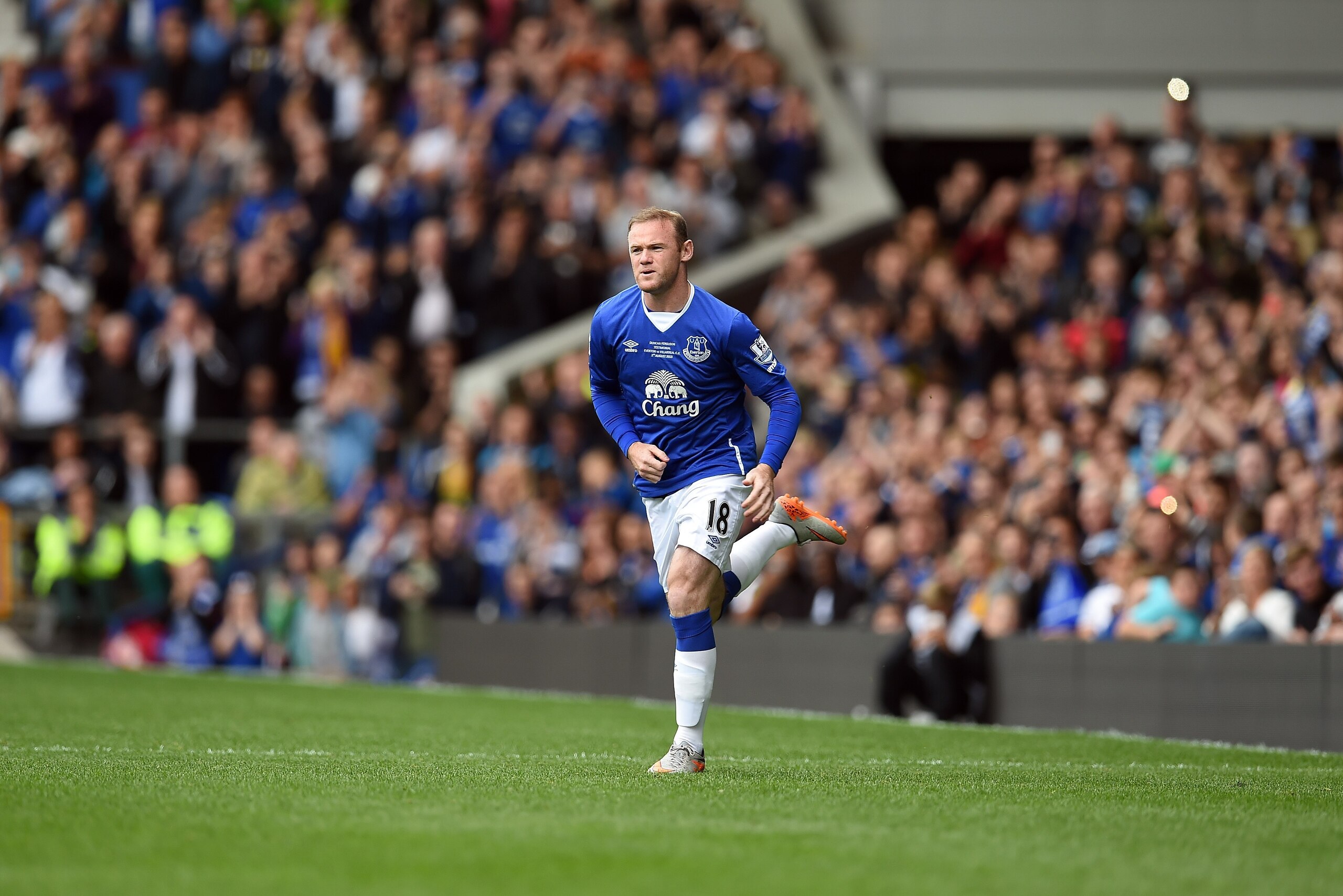 Manchester United's former Everton forward Wayne Rooney comes on during the Duncan Ferguson Testimonal pre-season friendly football match between Everton and Villarreal at Goodison Park in Liverpool, north west England on August 2, 2015. AFP PHOTO / PAUL 