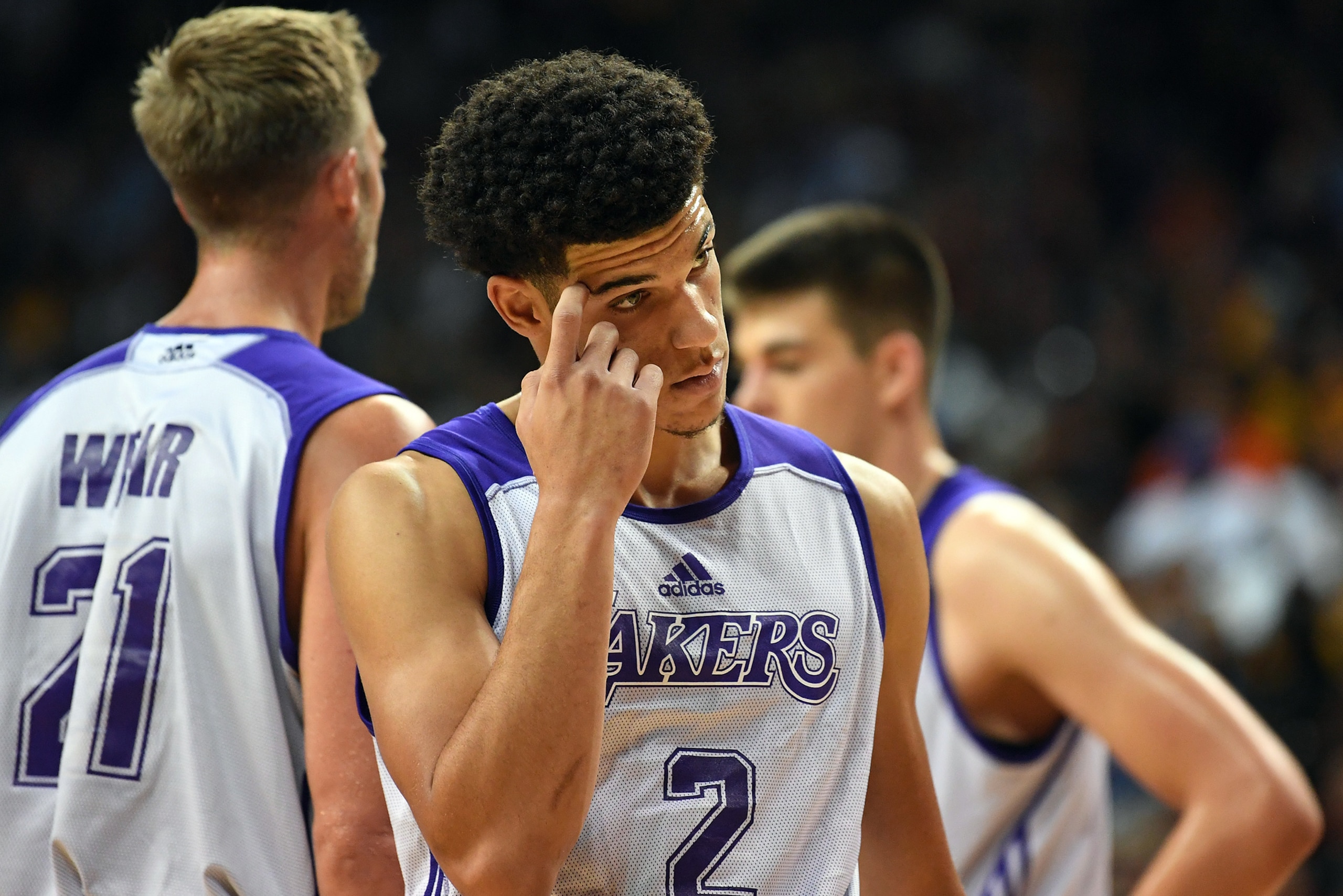 Jul 7, 2017; Las Vegas, NV, USA; Los Angeles Lakers guard Lonzo Ball (2) during an NBA Summer League game against the Los Angeles Clippers at Thomas & Mack Center. Mandatory Credit: Stephen R. Sylvanie-USA TODAY Sports