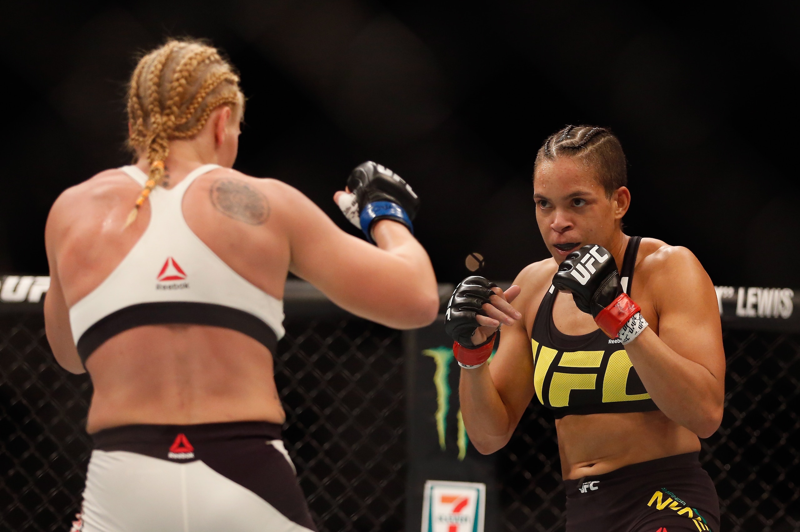 LAS VEGAS, NV - MARCH 05: (L-R) Valentina Shevchenko of Peru and Amanda Nunes of Brazil face off in their women's bantamweight bout during the UFC 196 event inside MGM Grand Garden Arena on March 5, 2016 in Las Vegas, Nevada.  (Photo by Christian Petersen