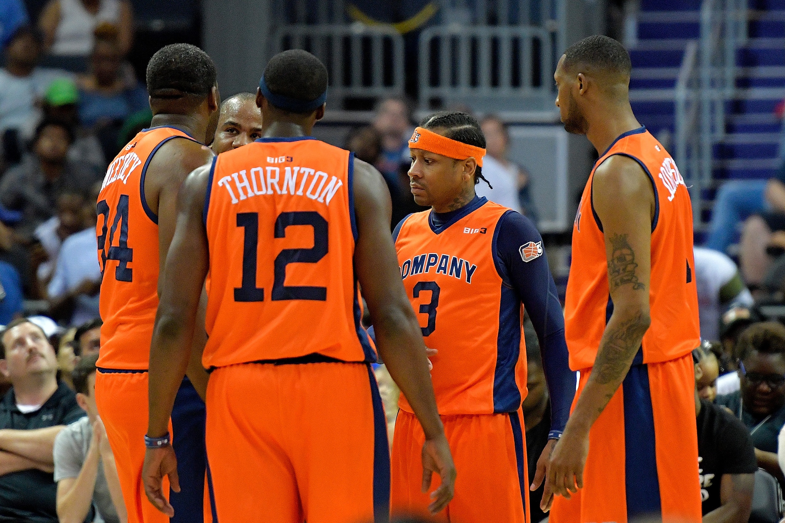 CHARLOTTE, NC - JULY 02:  Allen Iverson #3 of 3's Company huddles with his team during a game against Ghost Ballers during week two of the BIG3 three on three basketball league at Spectrum Center on July 2, 2017 in Charlotte, North Carolina.  (Photo by Gr