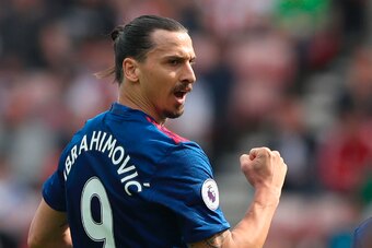 Manchester United's Swedish striker Zlatan Ibrahimovic celebrates scoring the opening goal during the English Premier League football match between Sunderland and Manchester United at the Stadium of Light in Sunderland, north-east England on April 9, 2017