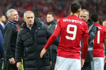 LONDON, ENGLAND - FEBRUARY 26: Jose Mourinho Manager of Manchester United and Zlatan Ibrahimovic of Manchester United during the EFL Cup Final match between Manchester United and Southampton at Wembley Stadium on February 26, 2017 in London, England. (Pho