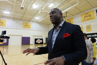EL SEGUNDO, CA - JUNE 29: Magic Johnson speaks at a press conference on June 29, 2017 in El Segundo, California. NOTE TO USER: User expressly acknowledges and agrees that, by downloading and/or using this photograph, user is consenting to the terms and co