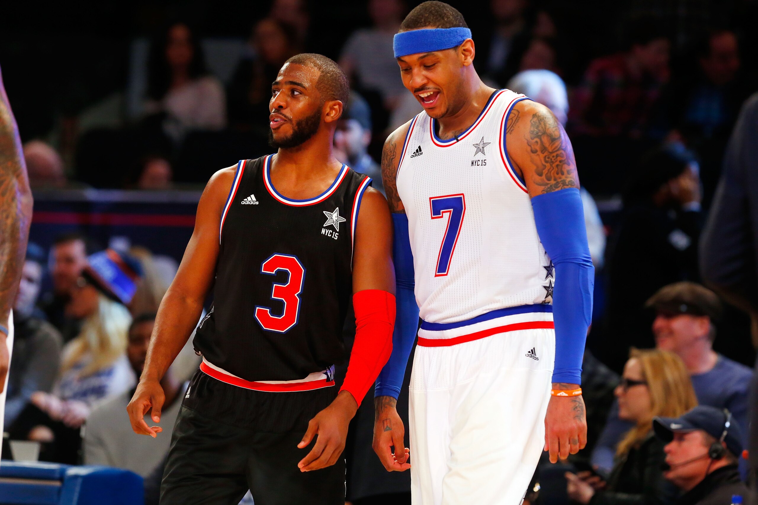 NEW YORK, NY - FEBRUARY 15:  (NEW YORK DAILIES OUT)    Chris Paul #3 of the Western Conference in action against Carmelo Anthony #7 of the Eastern Conference during the 2015 NBA All-Star Game at Madison Square Garden on February 15, 2015 in New York City.
