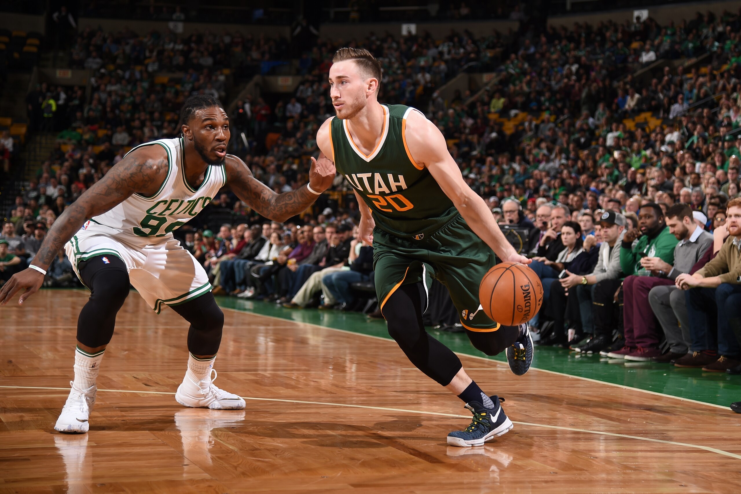 BOSTON, MA - JANUARY 3:  Gordon Hayward #20 of the Utah Jazz drives to the basket against Jae Crowder #99 of the Boston Celtics during the game on January 3, 2017 at the TD Garden in Boston, Massachusetts.  NOTE TO USER: User expressly acknowledges and ag