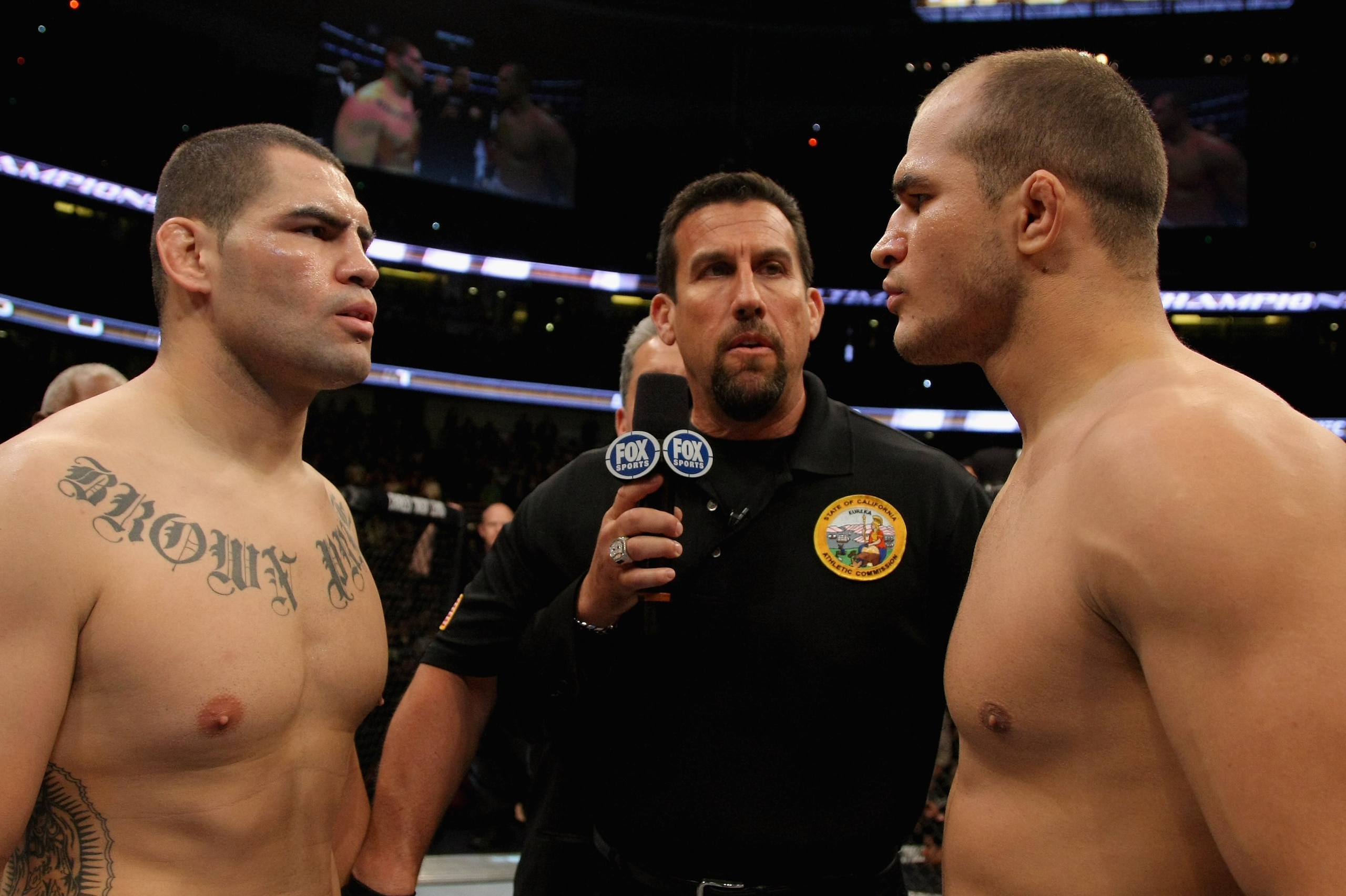 ANAHEIM, CA - NOVEMBER 12:  Heavyweight Champion Cain Velasquez faces off with Junior dos Santos before their Heavyweight Championship Title bout during the UFC on FOX event at the Honda Center on November 12, 2011 in Anaheim, California. (Photo by Donald