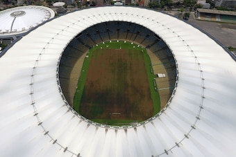 View of the world-famous Maracana Stadium in Rio de Janeiro on January 18, 2017. 
After playing a key role in the 2014 World Cup and 2016 Olympic Games, hosted by Brazil, the iconic Maracana Stadium has fallen into a state of abandon due to a contract dis
