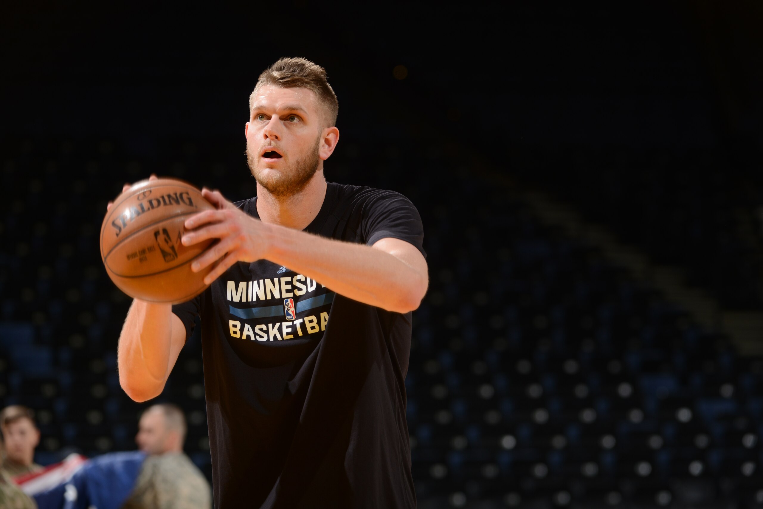 OAKLAND, CA - APRIL 4:  Cole Aldrich #45 of the Minnesota Timberwolves warms up before a game against the Golden State Warriors on April 4, 2017 at ORACLE Arena in Oakland, California. NOTE TO USER: User expressly acknowledges and agrees that, by download