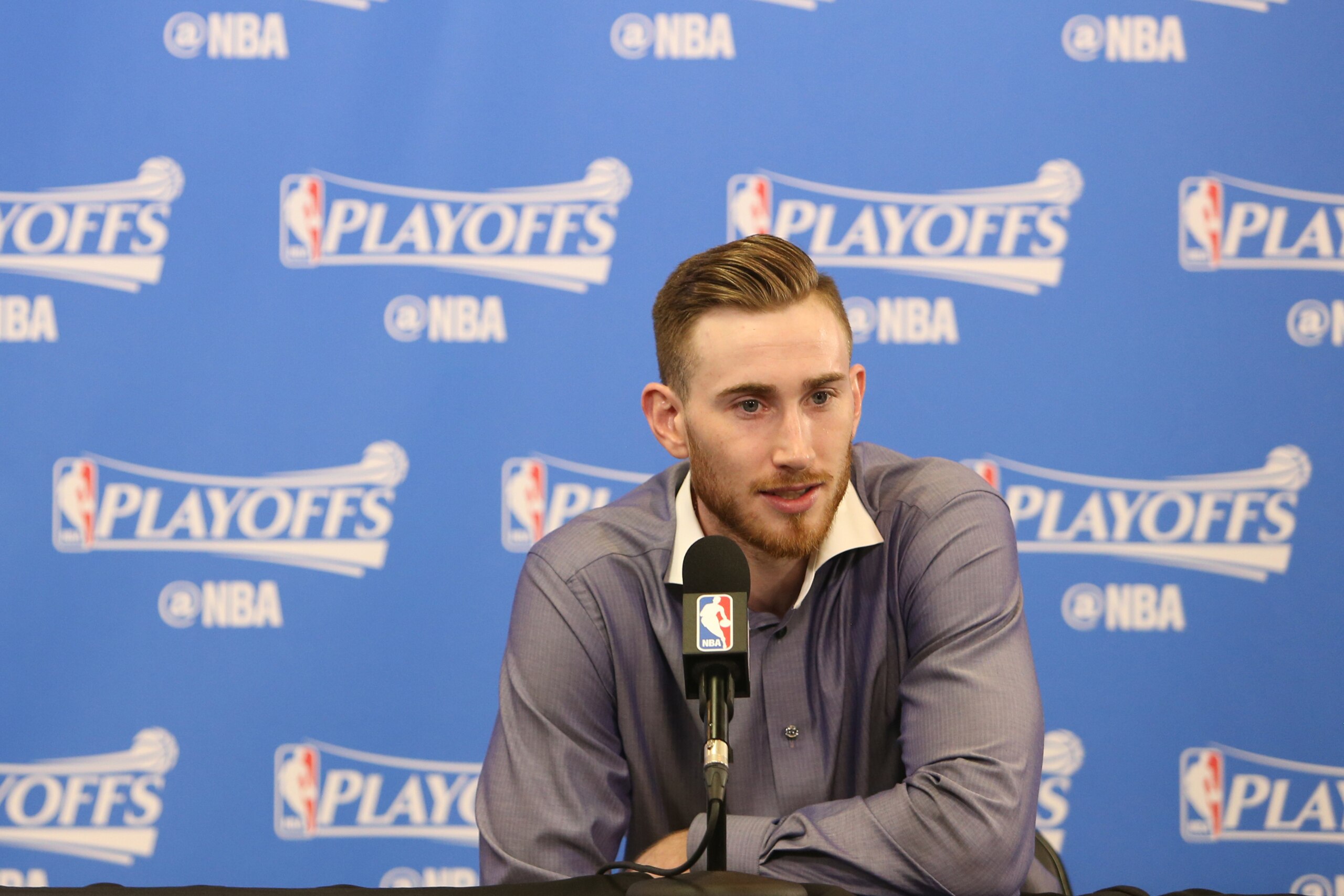 SALT LAKE CITY, UT - MAY 8:  Gordon Hayward #20 of the Utah Jazz speaks to the media after Game Four of the Western Conference Semifinals of the 2017 NBA Playoffs on May 8, 2017 at vivint.SmartHome Arena in Salt Lake City, Utah. NOTE TO USER: User express