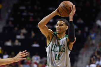 LAS VEGAS, NV - JULY 09:  Jayson Tatum #11 of the Boston Celtics looks to pass against the Portland Trail Blazers during the 2017 Summer League at the Thomas & Mack Center on July 9, 2017 in Las Vegas, Nevada. Boston won 70-64. NOTE TO USER: User expressl