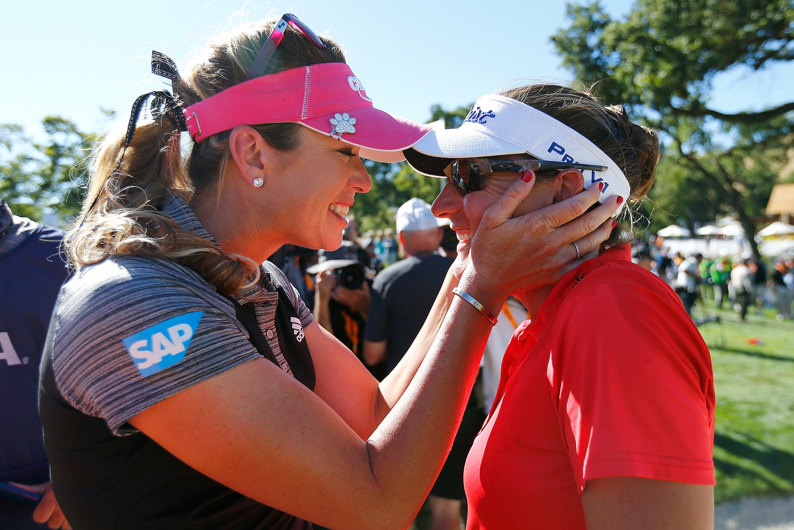 SAN MARTIN, CA - JULY 10:  Brittany Lang (R) is congratulated by Paula Creamer after Lang defeated Anna Nordqvist of Sweden in a playoff to win the U.S. Women's Open at CordeValle Golf Club on July 10, 2016 in San Martin, California.  (Photo by Jonathan F