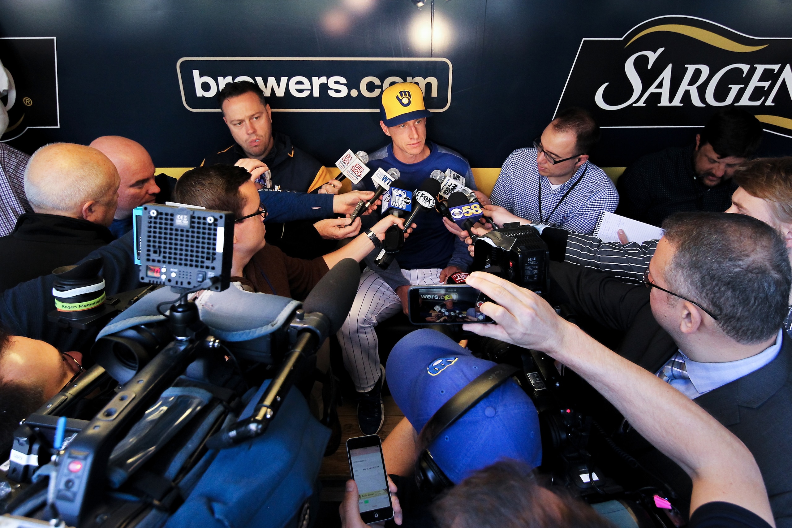 MILWAUKEE, WI - MAY 12:  Manager Craig Counsell of the Milwaukee Brewers speaks to the media before the game against the New York Mets at Miller Park on May 12, 2017 in Milwaukee, Wisconsin. (Photo by Dylan Buell/Getty Images)