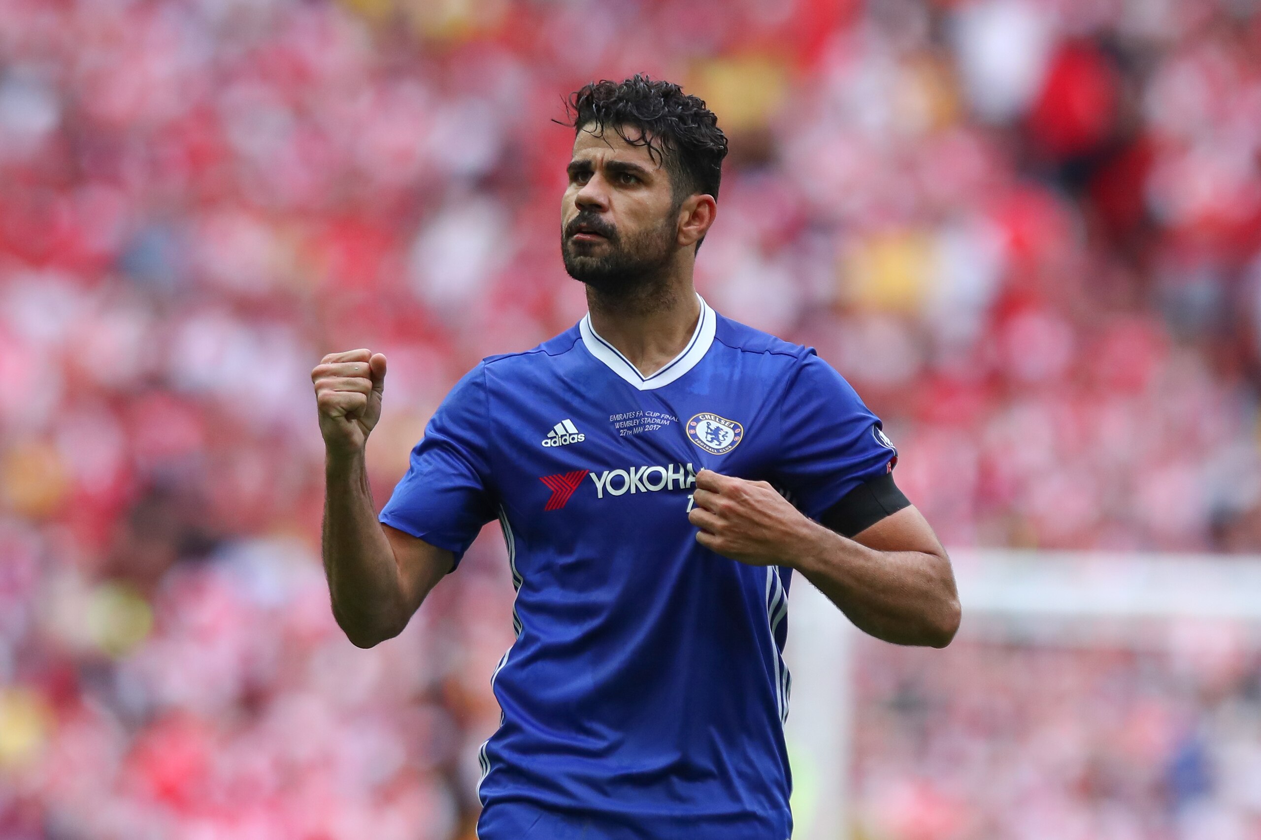 LONDON, ENGLAND - MAY 27:  Diego Costa of Chelsea celebrates after scoring a goal to make it 1-1 during the Emirates FA Cup Final match between Arsenal and Chelsea at Wembley Stadium on May 27, 2017 in London, England. (Photo by Robbie Jay Barratt - AMA/G