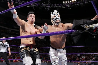 Lince Dorado sends TJP into the corner during a match on 205 Live.