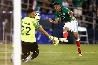 SAN DIEGO, CA - JULY 09:  Benji Villalobos #22 of El Salvador is hit in the face by a shot on goal from Elias Hernandez #11 of Mexico during the second half of a 2017 CONCACAF Gold Cup Group C match at Qualcomm Stadium on July 9, 2017 in San Diego, Califo