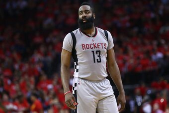 HOUSTON, TX - MAY 11:  James Harden #13 of the Houston Rockets looks on against the San Antonio Spurs during Game Six of the NBA Western Conference Semi-Finals at Toyota Center on May 11, 2017 in Houston, Texas.  NOTE TO USER: User expressly acknowledges 