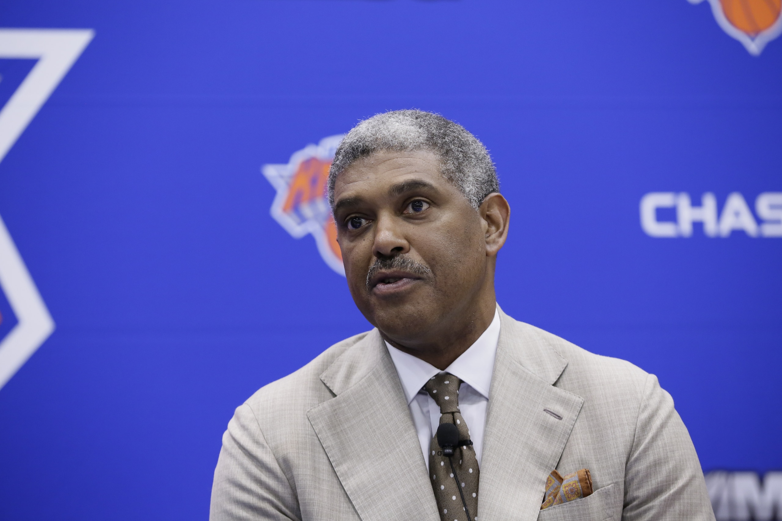 GREENBURG, NY June 3: The New York Knicks Steve Mills introduces Jeff Hornacek as their new head coach during a press conference at the Knicks Practice Center on June 3, 2016 in Greenburg, New York. NOTE TO USER: User expressly acknowledges and agrees tha