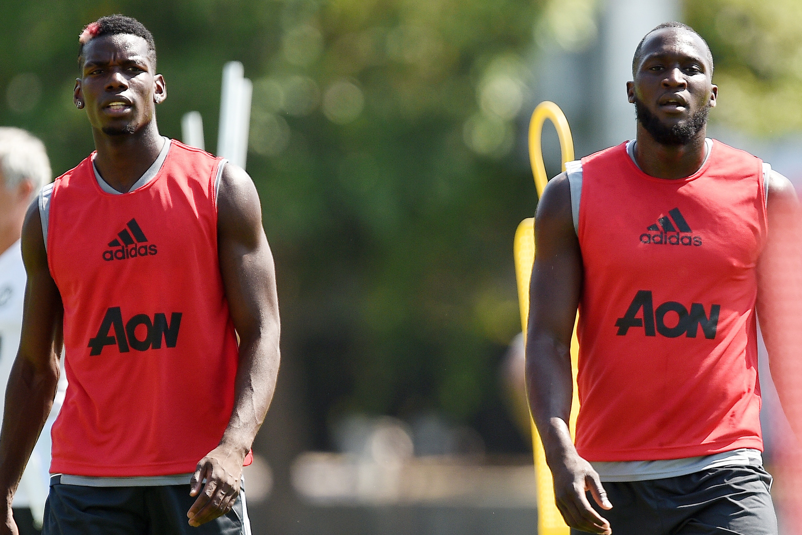 LOS ANGELES, CA - JULY 10: Striker Romelu Lukaku (R) and midfielder Paul Pogba #6 of Manchester United during training for Tour 2017 at UCLA's Drake Stadium July 10, 2017, in Los Angeles, California. (Photo by Kevork Djansezian/Getty Images)