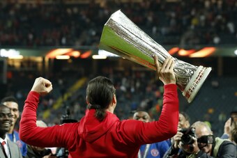 Zlatan Ibrahimovic of Manchester United with the Coupe UEFA, the UEFA cup, the Europa League trophyduring the UEFA Europa League final match between Ajax Amsterdam and Manchester United at the Friends Arena on May 24, 2017 in Stockholm, Sweden(Photo by VI